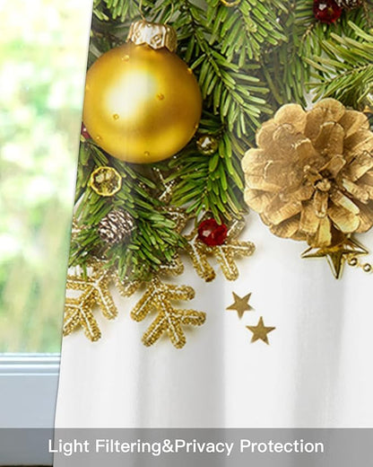 Christmas Kitchen Curtains Valances for Windows Pine Cones Rod Pocket Window Treatment for Kitchen/Living Room/Bedroom/Bathroom,42" X 12" -1 Panel, Golden Ornament Balls