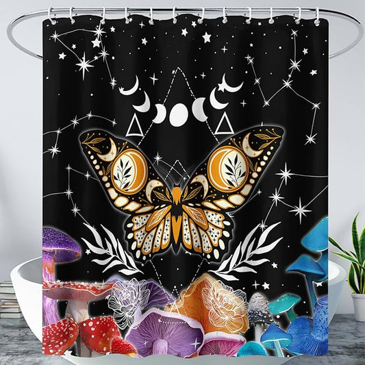 AILONEN Sun and Moon Shower Curtain,Death Moth Bath Curtain for Bathroom for Boys,Girls,Boho Hippie Style Shower Curtain,Colorful Mushroom Waterproof Fabric Shower Curtain Set with Hooks,36" W*72" H