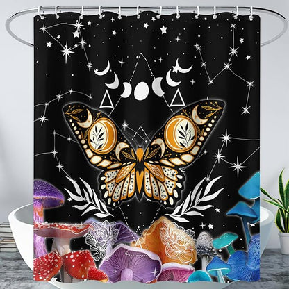 AILONEN Sun and Moon Shower Curtain,Death Moth Bath Curtain for Bathroom for Boys,Girls,Boho Hippie Style Shower Curtain,Colorful Mushroom Waterproof Fabric Shower Curtain Set with Hooks,60" W*72" H