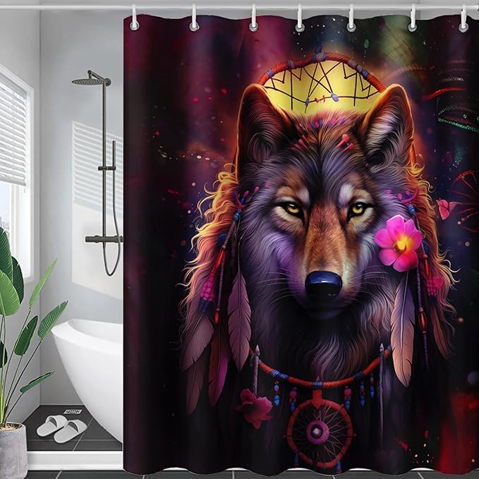 AILONEN 3D Wolf Dream Catcher Shower Curtain for Bathroom,Safari Wolf Printed Bath Curtain for Boys Men,Wildlife Decoration Shower Curtain Waterproof 72" W*72" H