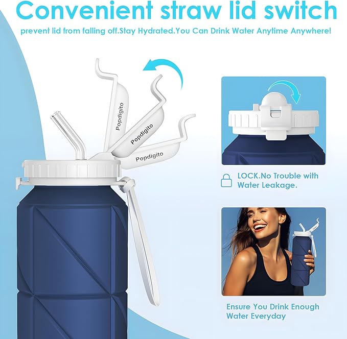 690ML Collapsible Water Bottles Reusable Leak Proof Silicone Water Bottle BPA Free Durable Foldable Sports Bottles & straw 23oz Lightweight Bottle for Gym Hiking Biking Camping Travel Bottle