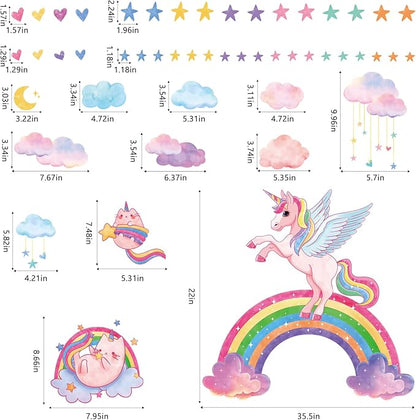 MORCART Rainbow Wall Decal Unicorn Wall Stickers Moon Cat Hearts Clouds Watercolor Stars Removable Vinyl Decals for Nursery Kids Girls Bedroom Birthday Party Wall Decor