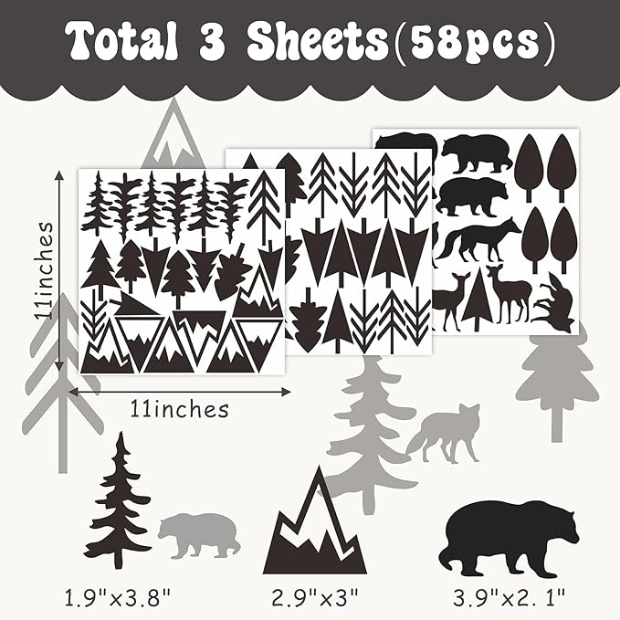 Woodland Animal Wall Stickers Small Pine Tree Wall Decals Vinyl Black Wall Decals Mountain Tree Animals Wall Stickers Jungle Deer Bear Fox Forest Wall Decals Woodland Nursery Kids Room Decor