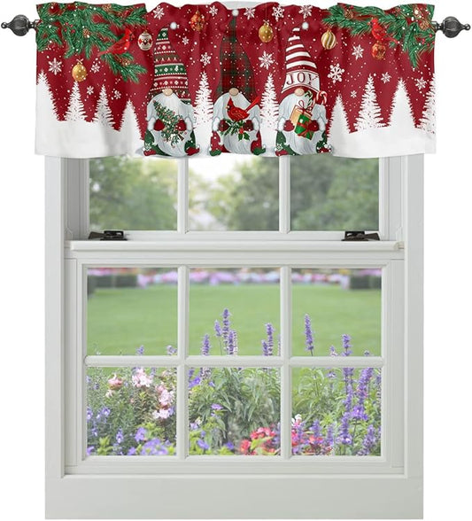 Christmas Gnomes Kitchen Curtains Valances for Windows Red Winter Holidays Rod Pocket Window Treatment for Kitchen /Living Room/Bedroom/ Bathroom,60" X 18" -1 Panel, White Snowflakes Xmas Trees