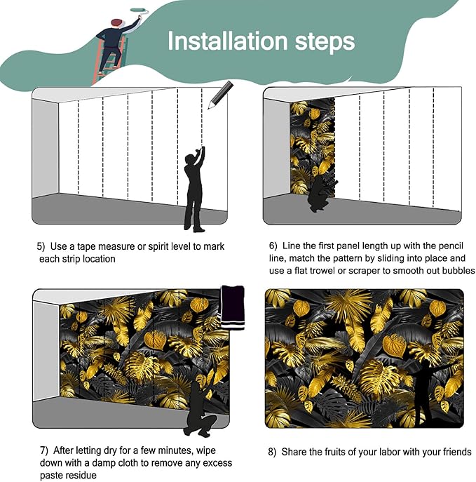 3D Black and Gold Leaves and Tropical Palm Leaves Wallpaper for Bedroom (Not Peel and Stick)