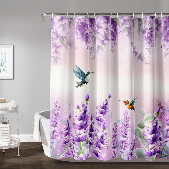 AILONEN Waterproof Floral Shower Curtain for Bathroom,Purple Pink Wisteria Lavender Flowers Shower Curtain,Botanical Floral Decor Bathroom Polyester with Grommets and Hooks 60" W*72" H