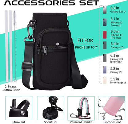 40 oz Insulated Water Bottle - Stainless Steel Water Bottles with Straw & Spout Lids, Paracord Handle, Carrier Bag with Strap, Protective Cup Mat, Keep Cold-48H & Hot-12H Metal Water Flask