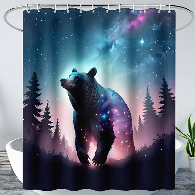 AILONEN 3D Bear Shower Curtain for Bathroom,Evening Starry Black Bear Printed Bath Curtain,Forest Wildlife Decoration Shower Curtain Waterproof 36" W*72" H