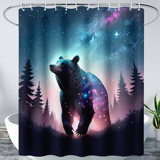 AILONEN 3D Bear Shower Curtain for Bathroom,Evening Starry Black Bear Printed Bath Curtain,Forest Wildlife Decoration Shower Curtain Waterproof 72" W*78" H