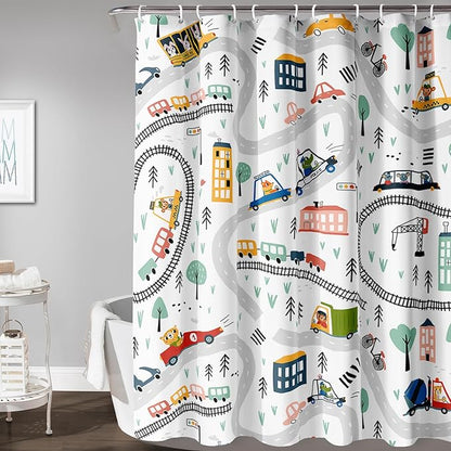 AILONEN Construction Truck Shower Curtain, Kids Cartoon Train Vehicle Tractor Cars Bath Curtain for Boys,White Road Map Bathroom Decor Waterproof Fabric 36" W*72" H Inch with 12 Plastic Hooks