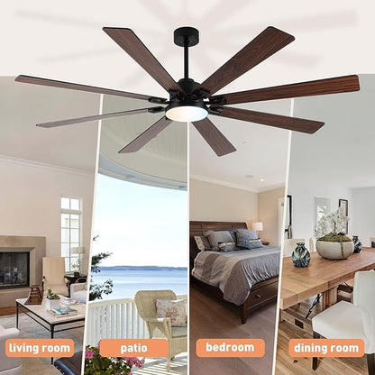 72Inch Large Ceiling Fan with Lights and Remote,Black Indoor & Outdoor Ceiling Fan for Living Room,Patio,6 Speed,Quiet DC Motor,3CCT,8 Wooden Blades