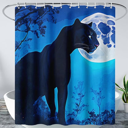 AILONEN Black Panther Shower Curtain,Evening Moon Leopard Bath Curtain for Women,Wildlife Cheetah Polyester Waterproof for Bathroom,36" W*72" H with Plastic Hooks