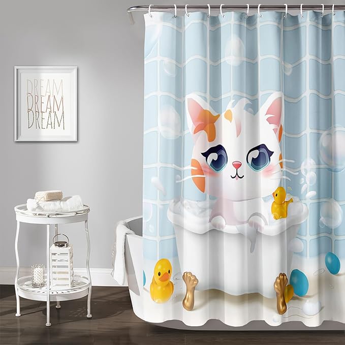 AILONEN Cartoon Bathtub Cat Shower Curtain for Kids 72" W*84" H Kawaii Shower Kitten and Duck Shower Curtain,Polyester Waterproof Fabric Decor for Bathroom Bathtub Panels
