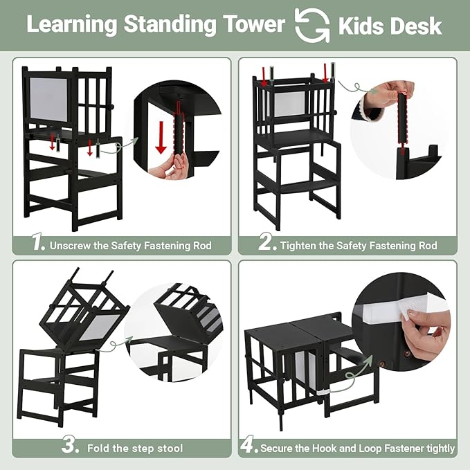 COSYLAND 3-in-1 Multifunctional Toddler Standing Tower, Kids Kitchen Step Stool with Whiteboard, Desk Table and Chair, Enjoys Unique Patented Design,FSC,CPC,SOR,CE, Black