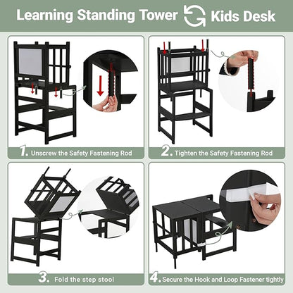 COSYLAND 3-in-1 Multifunctional Toddler Standing Tower, Kids Kitchen Step Stool with Whiteboard, Desk Table and Chair, Enjoys Unique Patented Design,FSC,CPC,SOR,CE, Black