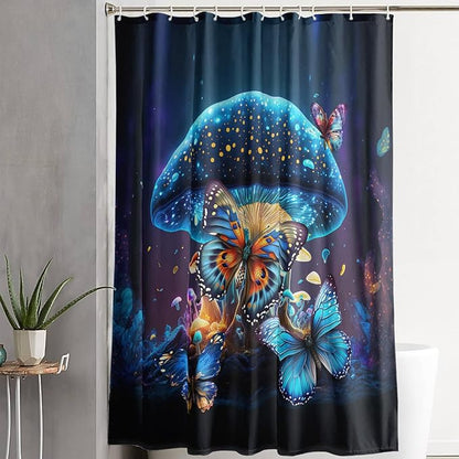 AILONEN Beautiful Butterfly Shower Curtain Bathroom 72" W*84" H Sparkly Blue Butterflies Curtain Cloth Fabric Bathroom for Girls Kids,Magic Mushroom Shower Curtain Set