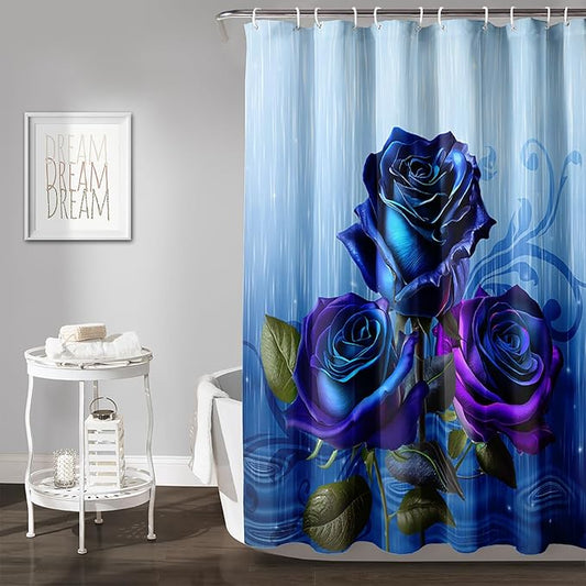 AILONEN Blue Rose Shower Curtain for Girls,Raining Rose Shower Curtain for Bathroom Decor,Women Kids Polyester Waterproof 3D Printed Bath Curtain with 12 Hooks,36" W*72" H
