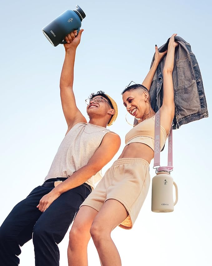 64oz Insulated Water Bottle, Coolflask Half Gallon Water Jug With Handle Straw Stainless Steel Double-Walled Vacuum Metal Large Flask With Strap Non-BPA Leakproof, Keep Cold 48 Hrs, Apricot Pink