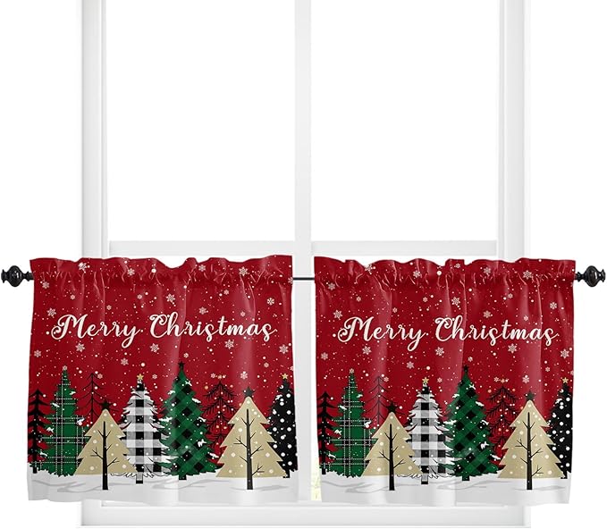 Red Merry Christmas Kitchen Curtains and Valances Set, Green Christmas Tree Windows Treatments Tiers Half/Short Curtains for Small Windows Cafe /Living Room/ Bedroom 54x24 in White Snow Forest Winter