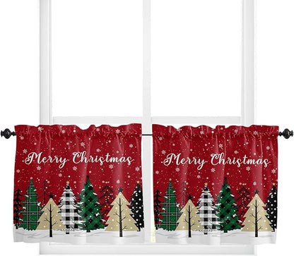 Red Merry Christmas Kitchen Curtains and Valances Set, Green Christmas Tree Windows Treatments Tiers Half/Short Curtains for Small Windows Cafe /Living Room/ Bedroom 54x36 in White Snow Forest Winter
