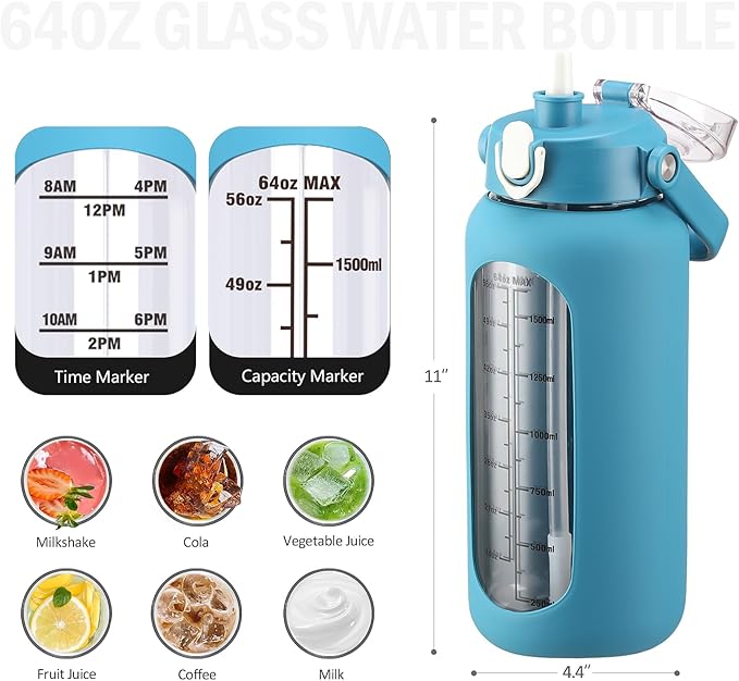 64 oz Glass Water Bottle with Straw and 2 Lids, Half Gallon Water Bottle with Sleeve, Large Insulated 2 Liter Glass Water Jug Time Marker with Handle - Steel Blue
