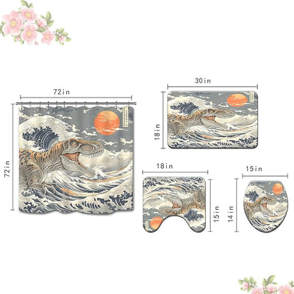 4PCS Dinosaur Shower Curtain Set with 12 Hooks for Bathroom Sets Dinosaur Decor, Non-Slip Rugs and Toilet Mat Lid Rug, Durable Waterproof for Bathroom Cool Japanese Ocean Wave Decor 72x72 Inch