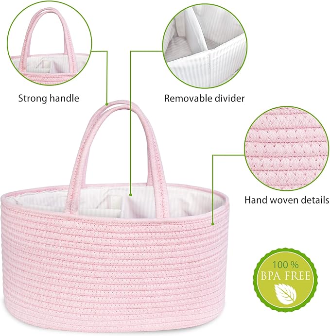 ABenkle Baby Diaper Caddy, Nursery Storage Bin and Car Organizer for Diapers Wipes, Cotton Rope Basket Changing Table Caddy