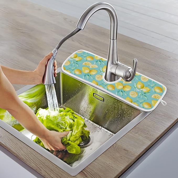 Lemon Turquoise Faucet Water Catcher Mat 2 Pack Flowers Leaves Summer Drying Mat Absorbent Bathroom Faucet Handle Drip Catcher Tray Bar RV Kitchen Sink Splash Guard 14x5 Inches