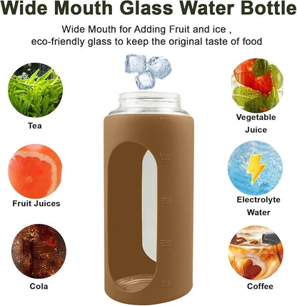 64 Oz Glass Water Bottle with Straw and Lid, Sports Motivational Water Bottle, Leakproof Water Jug Fitness with Silicone Sleeve for Gym, Brown
