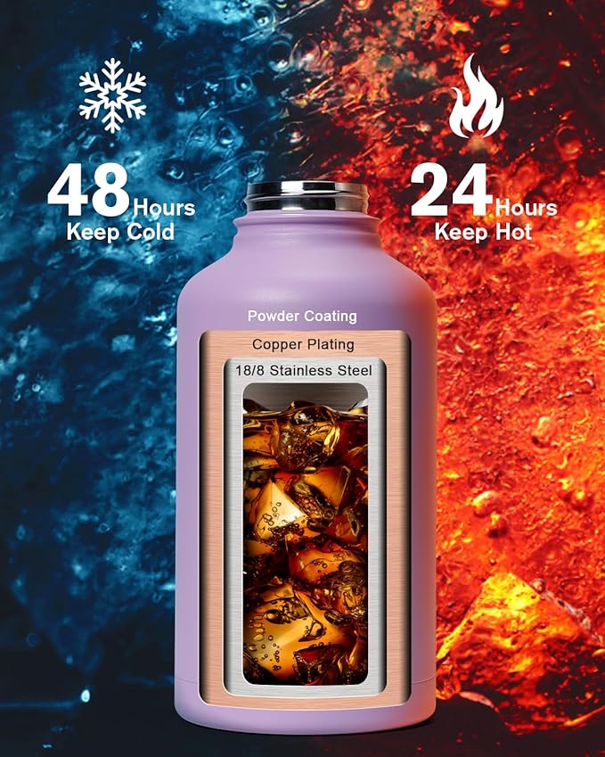 64 oz Insulated Water Bottle,Half Gallon Water Flask Stainless Steel Vacuum, Cold for 48 Hrs,BPA-Free & Leakproof -with Paracord Handle, Strap,Straw Spout Lids,Large Jug for Gym,Purple