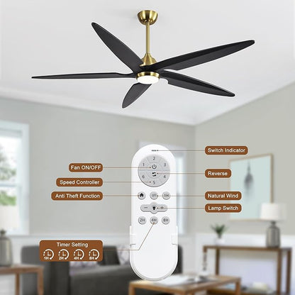 64 Inch Modern Ceiling Fan with Lights and Remote, 5 Wood Blades, 6-Speed Noiseless Reversible DC Motor with Replaceable Downrods for Bedroom Living Room Dining Room, Gold and Black