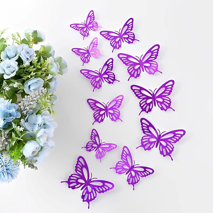 72Pcs 3D Butterfly Wall Decor 3 Sizes 3 Styles, Butterfly Decorations Party Birthday Cake Decoration, Removable Butterfly Wall Stickers for Kids Nursery Wedding Bedroom Room Decor(Purple)
