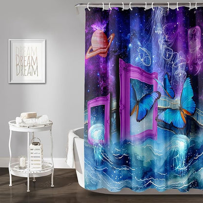 AILONEN Blue Butterfly Shower Curtains,Purple Galaxy Bath Curtains for Bathroom for Girls,Blue Ocean Jellyfish Curtains,Polyester Waterproof with 12 Hooks 72" W*96" H