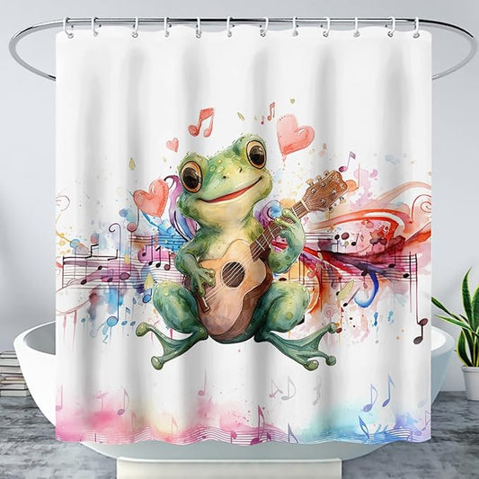 AILONEN Cartoon Frog Shower Curtain,Green Guitar Frog Bathroom Curtain for Kids Boys Girls,Kawaii Forg Animal Shower Curtains for Bathroom,Tie-Dye Theme Bathroom Curtain,72" W*84" H