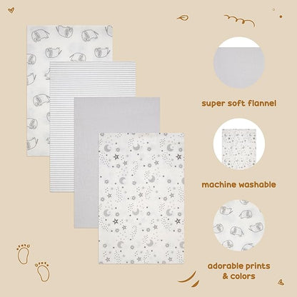 4-Pack Unisex Baby Cotton Flannel Receiving Blankets, One Size Newborn Swaddle Blankets (30 x 30)