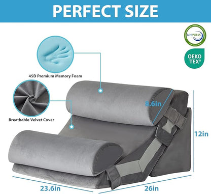 4pcs Orthopedic Bed Wedge Pillow Set, Memory Foam Post Surgery Pillow for Back, Leg Pain Relief, Adjustable Pillow Wedge for Sleeping, Bed Sitting up, Acid Reflux, GERD & Snoring, Grey