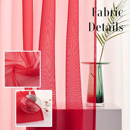 Red Sheer Voile Curtains Short Translucent Solid Color 45 Inch Length Panels Rod Pocket Red Sheers 45 inches long for Small Window Kitchen 2 Panels 52x45