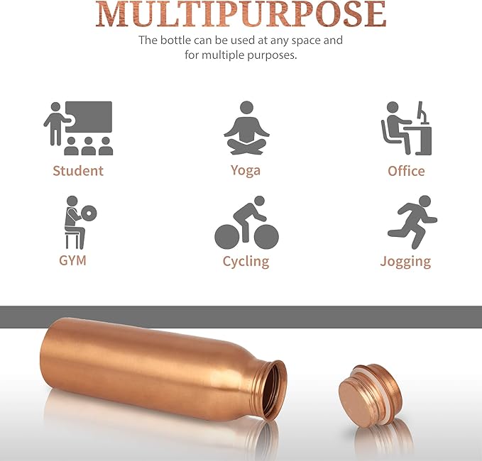 RAJRANG BRINGING RAJASTHAN TO YOU Modern Copper Water Bottle 16 oz Solid Vessel Ayurveda Health Pitcher Leak Proof Design Bottles for Sport Fitness Yoga