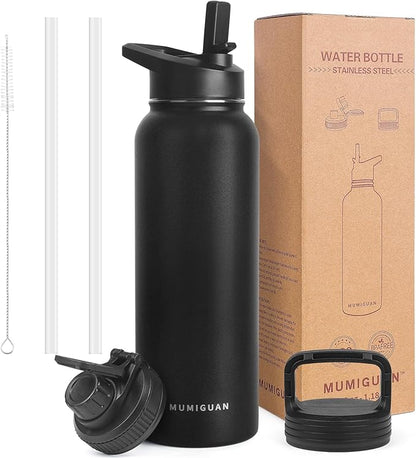40oz Insulated Water Bottle with 3 Lids(Straw, Hand and Spout Lid), Double Vacuum Stainless Steel Metal Water Flask(BPA-free, CPC) for Sports, Camping, Hiking, Cycling, Fitness and more(Black)
