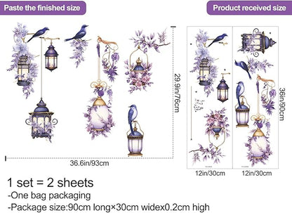 Removable 3D DIY Hanging Flowers Wall Decal Floral and Lamp Wall Sticker Peel and Stick Flower Vine Wall Decor for Kids Girls Bedroom Nursery Living Room Background Decoration (Purple)