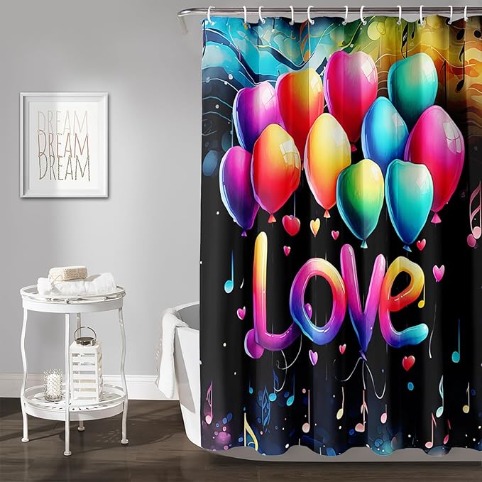 AILONEN Love Theme Shower Curtain for Bathroom, Romantic Rainbow Balloon Tie Dye Bath Curtain for Kids Girls Women,Abstract Music Black Shower Curtain Waterproof with 12 Plastic Hooks, 72" W*96" H
