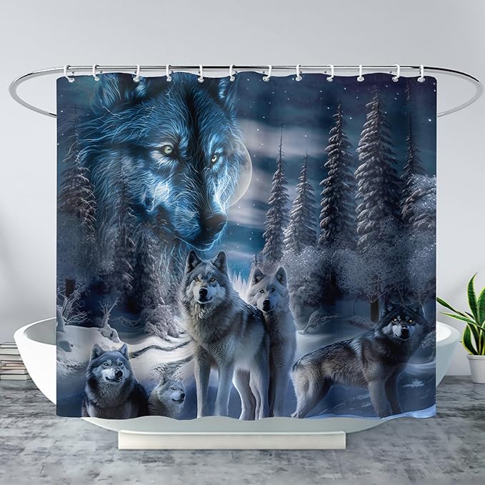 AILONEN Boys Snow Wolf Shower Curtain for Bathroom Decor,3D Night Galaxy Starry Wolf Decor Bath Curtain 72" W*84" H Polyester Fabric Waterproof Bathroom Curtain with 12 Hooks