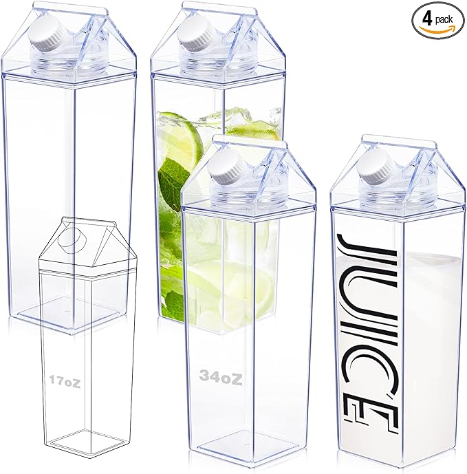 KALYLOC 4Pcs 34 Oz Milk Carton Water Bottle, Clear Plastic Square Milk Bottles, Portable Reusable Milk Box Juice Water Container for Travelling Sports Camping Outdoor Activities (Clean 4pcs)