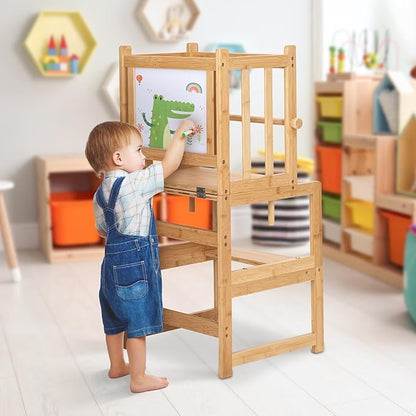 COSYLAND 3-in-1 Multifunctional Toddler Standing Tower, Kids Kitchen Step Stool with Whiteboard, Desk Table and Chair, Enjoys Unique Patented Design,FSC,CPC,SOR,CE Natural