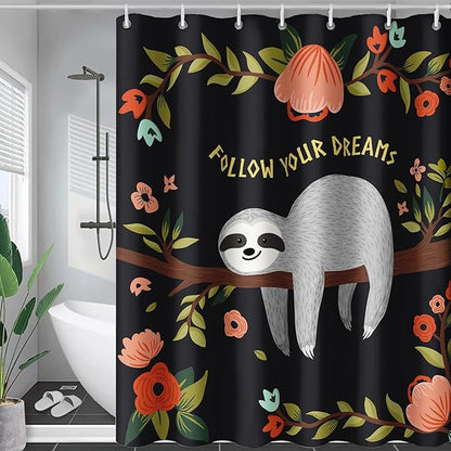 AILONEN Kawaii Sloth Shower Curtain for Bathroom Decor,Floral Sloth Bath Curtain for Kids Boys Girls,Polyester Waterproof 48" W*72" H with 12 Plastic Hooks