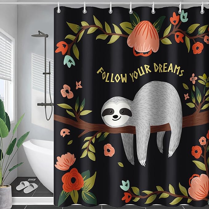 AILONEN Kawaii Sloth Shower Curtain for Bathroom Decor,Floral Sloth Bath Curtain for Kids Boys Girls,Polyester Waterproof 72" W*96" H with 12 Plastic Hooks