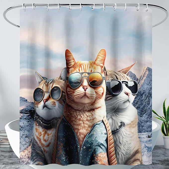 AILONEN 3D Cat Shower Curtain,Cartoon Funny Kitten Shower Curtain Set for Kids Boys Girls,Cat Lovers Animal Shower Curtain with Hooks for Bathroom,72" W*96" H