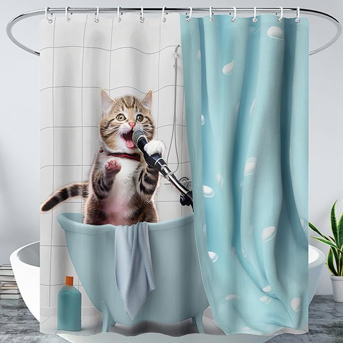 AILONEN Cartoon Shower Cat Shower Curtain for Kids Boys,Funny Singing Cat Waterproof Fabric Shower Curtain for Bathroom,Lovely Hilarious Pet Shower Curtain Set with Hooks,36" W*72" H