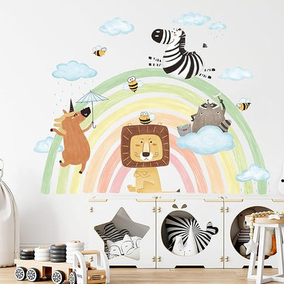 Jungle Animals Tree Wall Decals Lion Zebra Rainbow Wall Stickers Baby Nursery Kids Bedroom Living Room Wall Decor