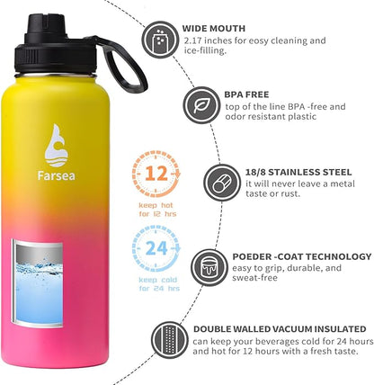 Farsea Insulated Water Bottle With Paracord Handle, Protective Boot and 2 Lids (Straw Lid & Spout Lid), Stainless Steel Water Bottle Wide Mouth, Double Wall Sweat-Proof BPA-Free, 40 oz